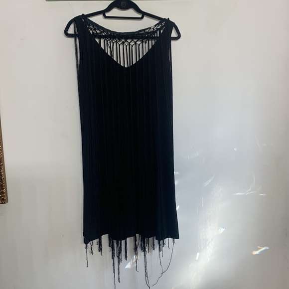 Onyx Nite Black Fringe macramé Flirty Shift dress mini size 8 women’s - Picture 6 of 6